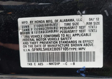2012 Honda Odyssey Ex-L z USA, uszkodzony, nr VIN 5FNRL5H6XCB097105